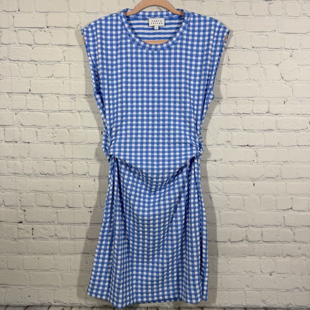 Tanya Taylor Textured Gingham Dress Womens Medium Blue White Check Knit Midi - Picture 2 of 13